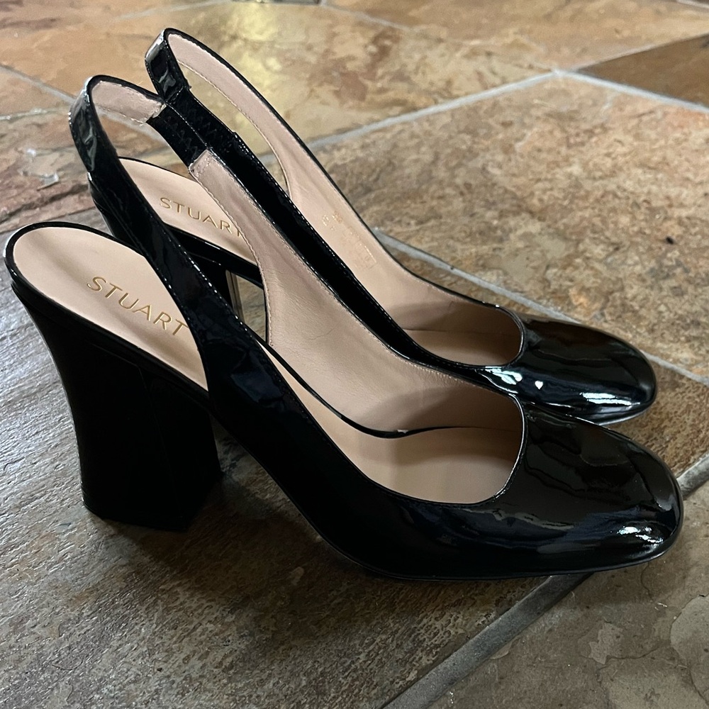 🍃💕NIB STUART WEITZMAN Curve 85 Black Patent Block Heel Slingback Pump Size 9.5